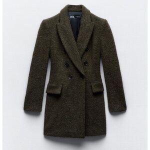 Zara khaki long wool blend boucle double breasted blazer coat NWT